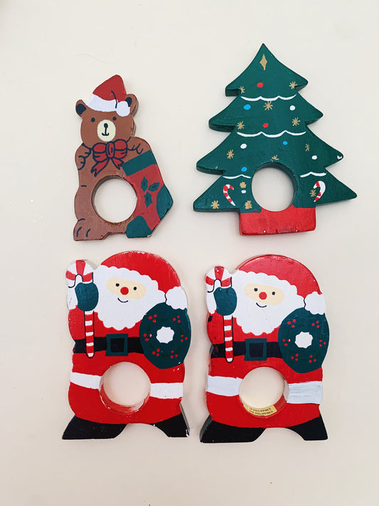 4 WOODEN CHRISTMAS FIGURES NAPKIN HOLDERS