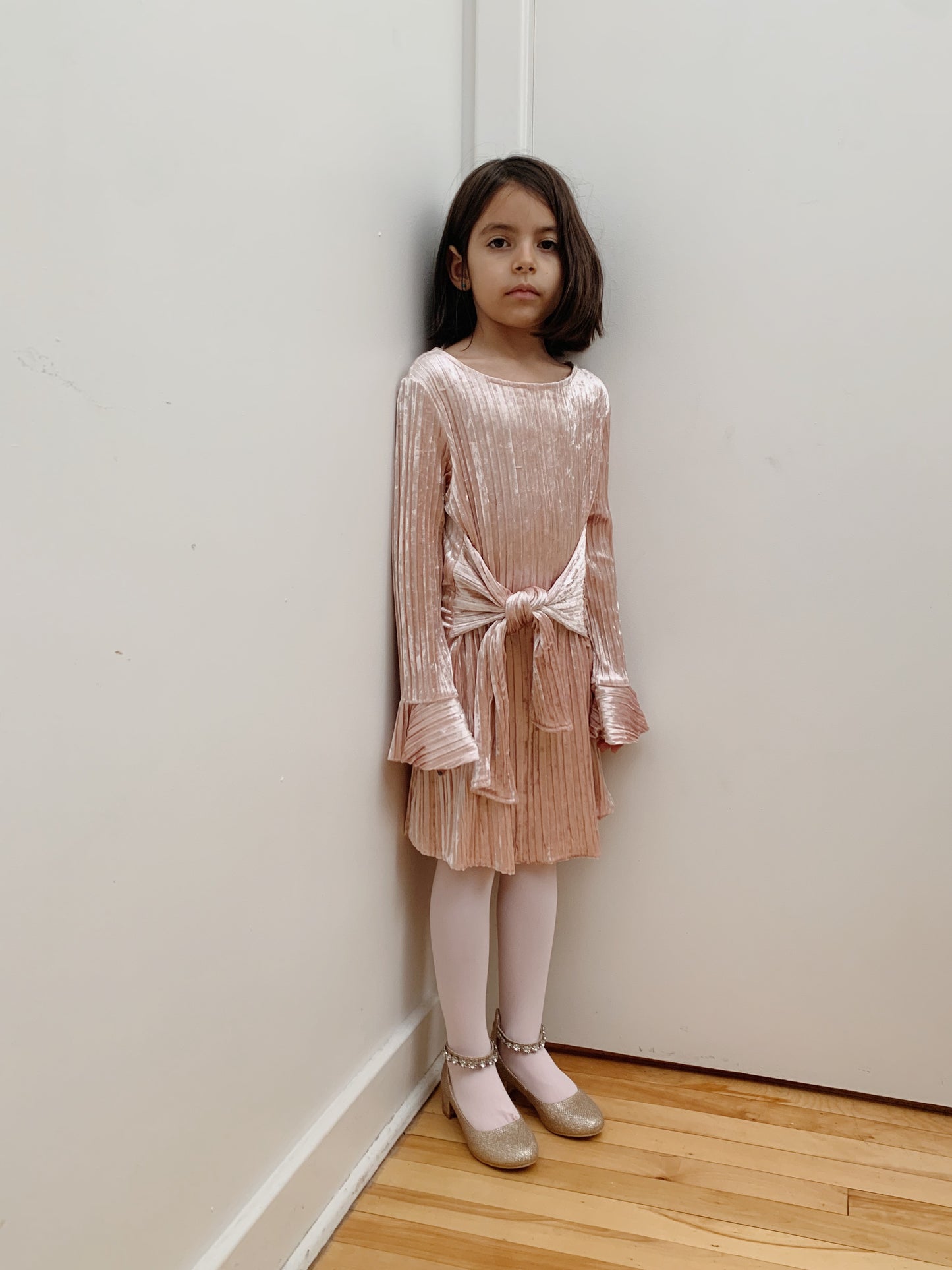 CRUSHED VELOUR PINK DRESS 5-6Y